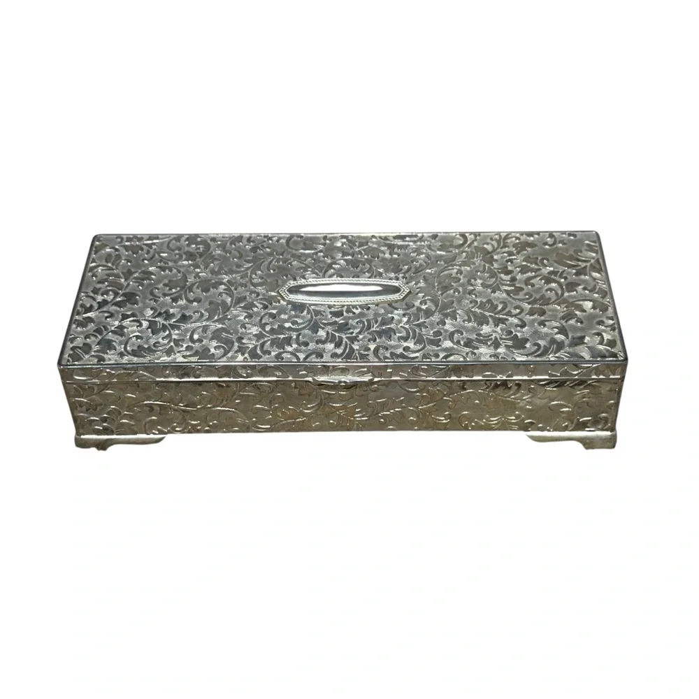 International Silver Jewelry Box Engraved Floral Trinket Vanity VTG Silverplate